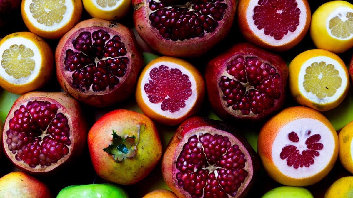 A colorful assortment of fresh fruits including pomegranates, lemons, and grapefruits.